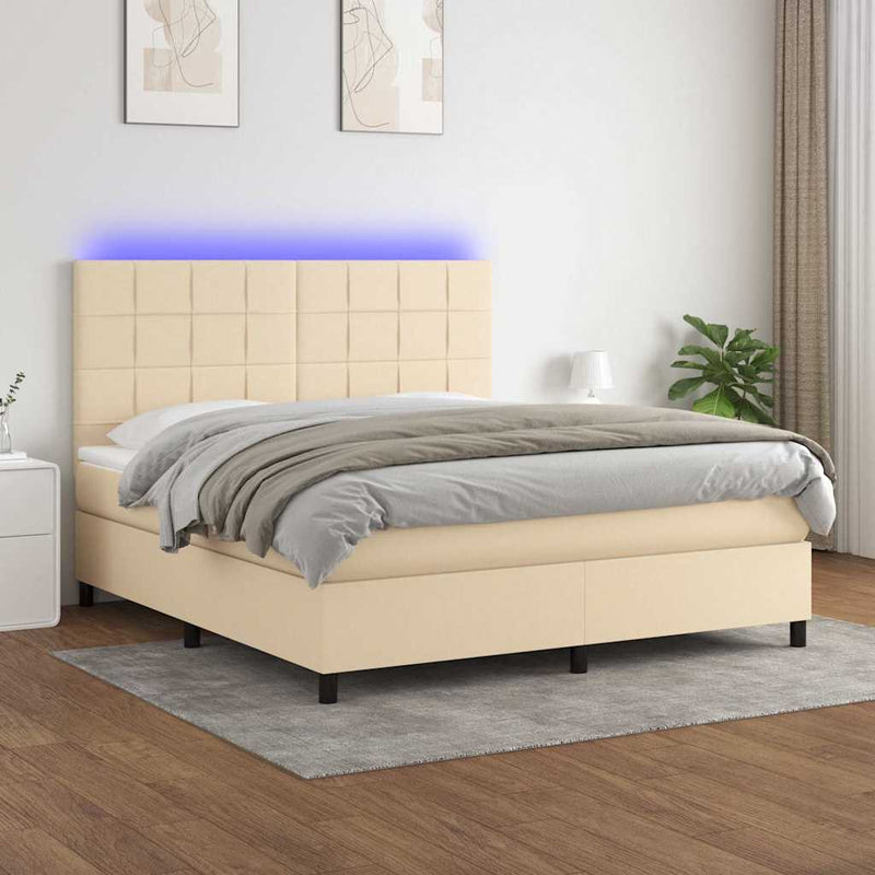 Pat cu arcuri, saltea și LED, crem, 180x200 cm, textil