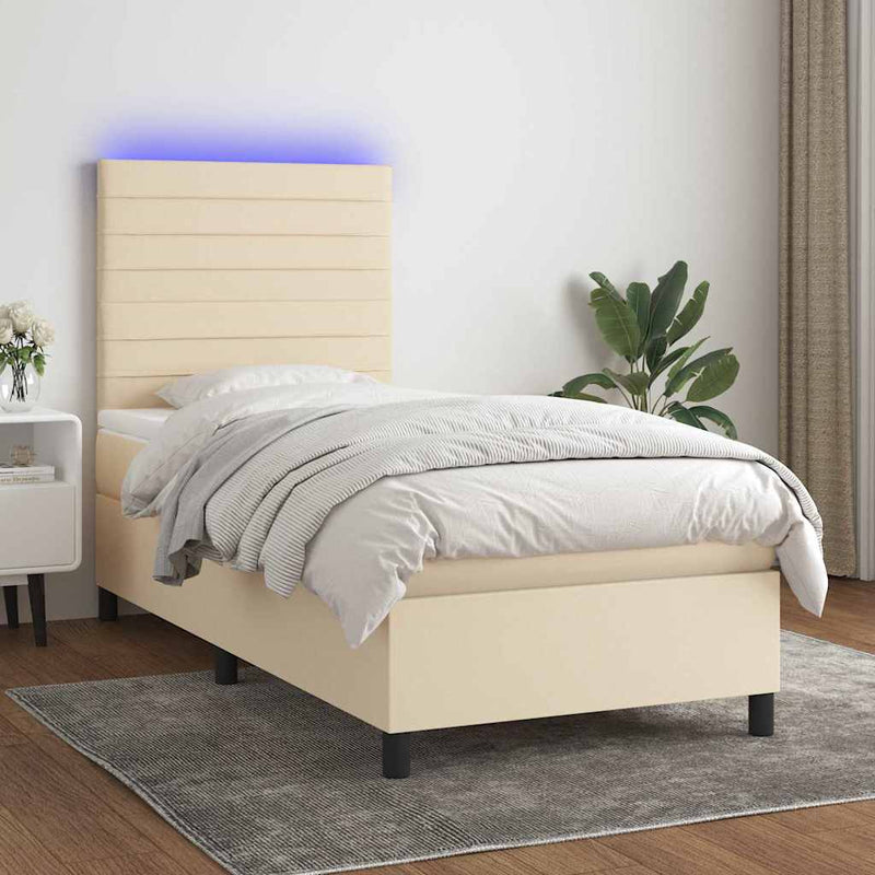 Pat cu arcuri, saltea și LED, crem, 80x200 cm, textil