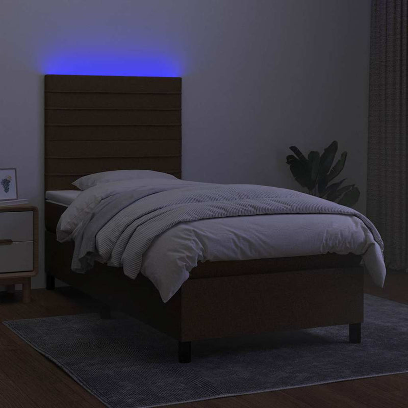 Pat cu arcuri, saltea și LED, maro închis, 90x190 cm, textil