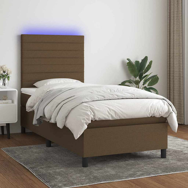 Pat cu arcuri, saltea și LED, maro închis, 90x190 cm, textil