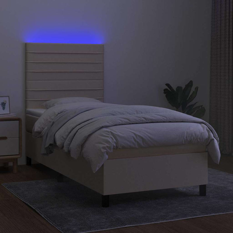 Pat cu arcuri, saltea și LED, crem, 90x190 cm, textil