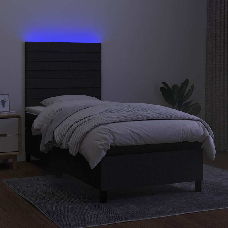 Pat cu arcuri, saltea și LED, negru, 100x200 cm, textil