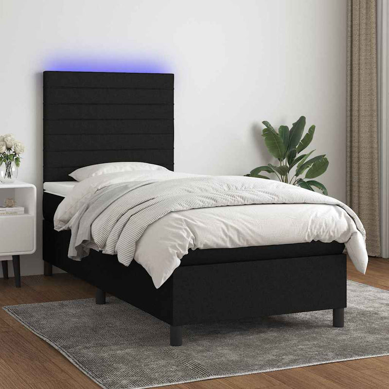 Pat cu arcuri, saltea și LED, negru, 100x200 cm, textil