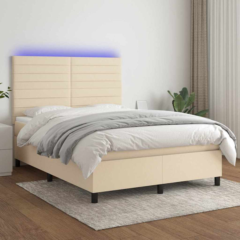 Pat cu arcuri, saltea și LED, crem, 140x200 cm, textil