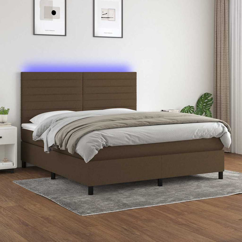 Pat cu arcuri, saltea și LED, maro închis, 160x200 cm, textil
