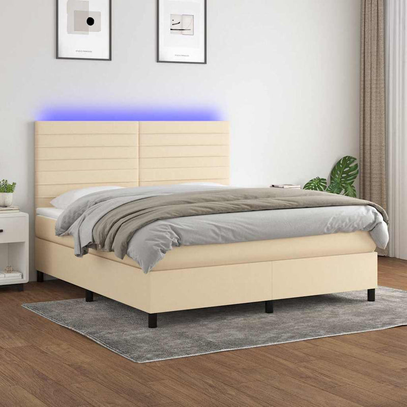 Pat cu arcuri, saltea și LED, crem, 160x200 cm, textil