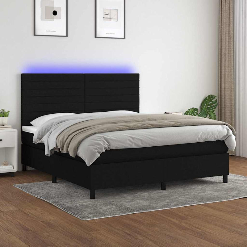 Pat cu arcuri, saltea și LED, negru, 180x200 cm, textil