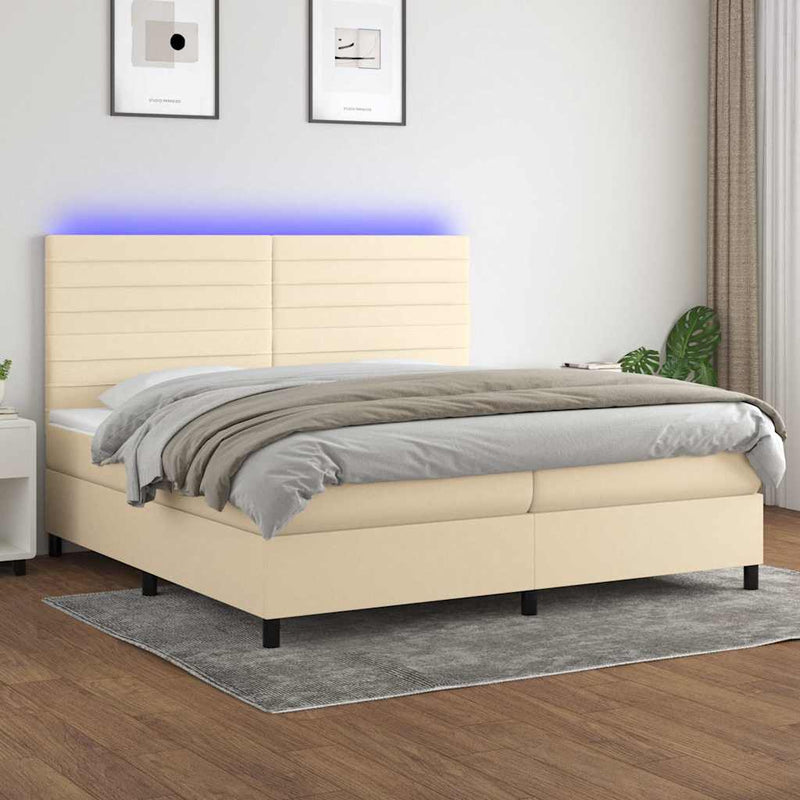 Pat cu arcuri, saltea și LED, crem, 200x200 cm, textil