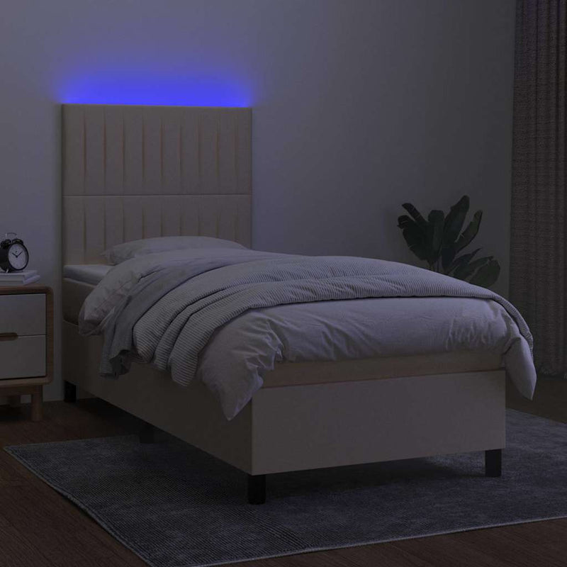Pat cu arcuri, saltea și LED, crem, 90x200 cm, textil