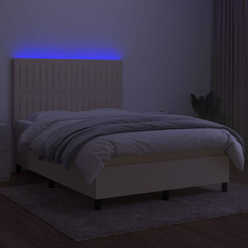 Pat cu arcuri, saltea și LED, crem, 140x200 cm, textil