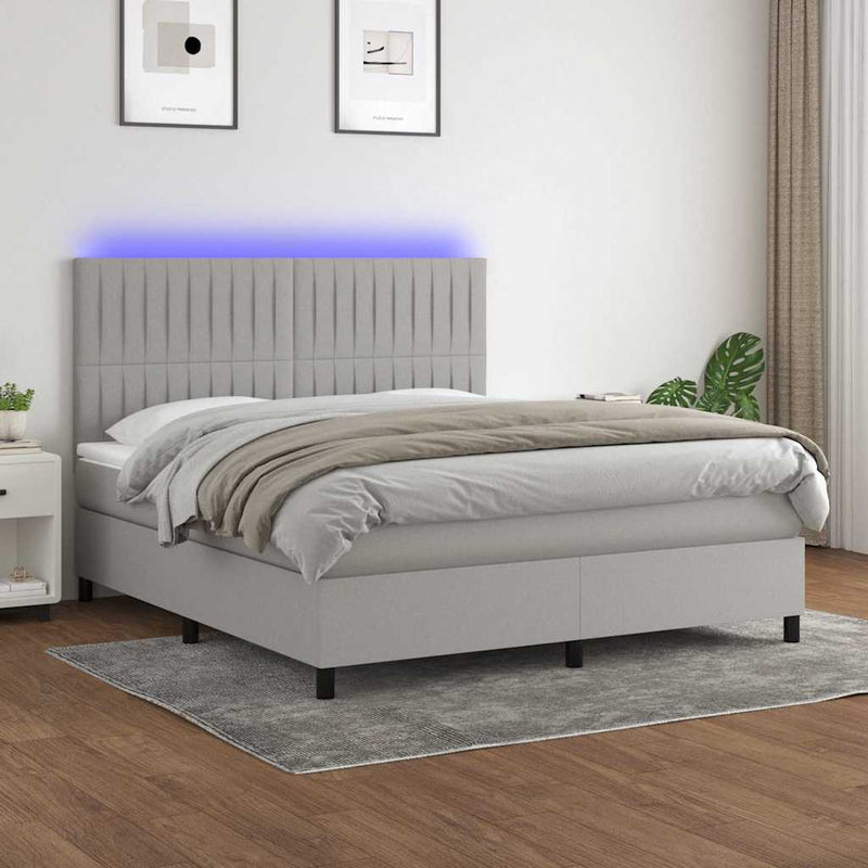 Pat cu arcuri, saltea și LED, gri deschis, 160x200 cm, textil