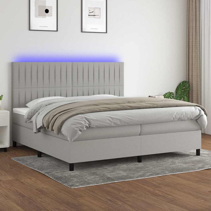 Pat cu arcuri, saltea și LED, gri deschis, 200x200 cm, textil