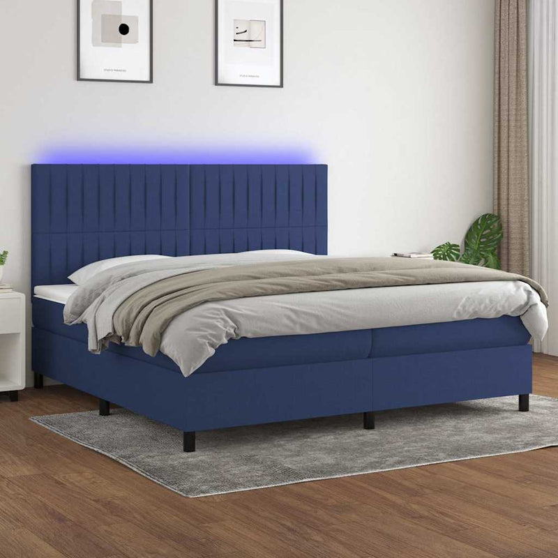 Pat cu arcuri, saltea și LED, albastru, 200x200 cm, textil