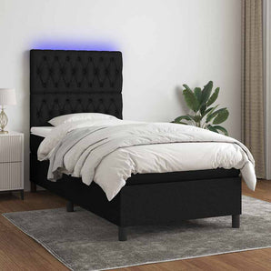 Pat cu arcuri, saltea și LED, negru, 90x190 cm, textil