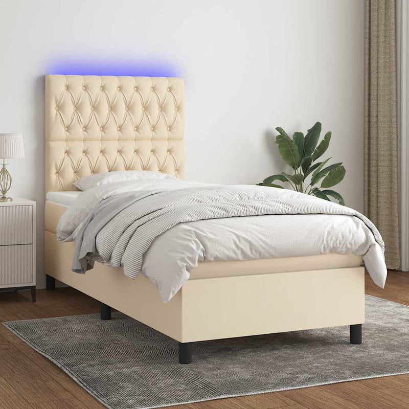 Pat cu arcuri, saltea și LED, crem, 90x190 cm, textil