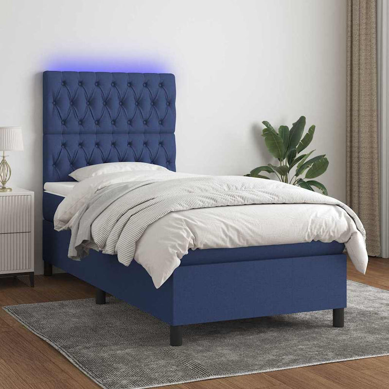 Pat cu arcuri, saltea și LED, albastru, 90x200 cm, textil