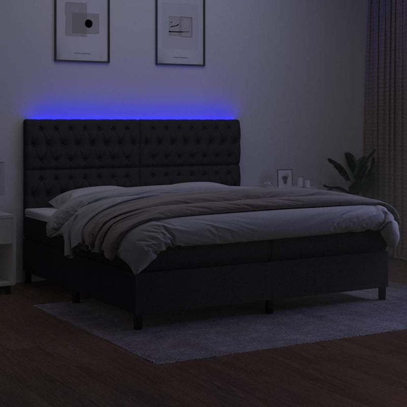 Pat cu arcuri, saltea și LED, negru, 200x200 cm, textil