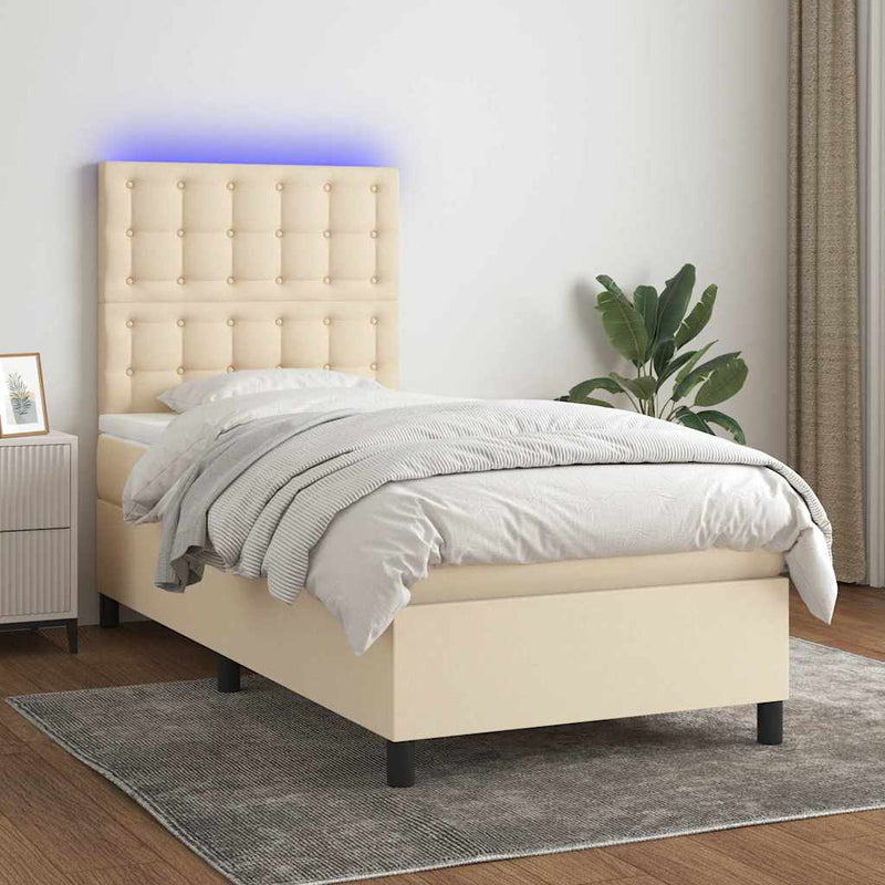 Pat cu arcuri, saltea și LED, crem, 90x190 cm, textil