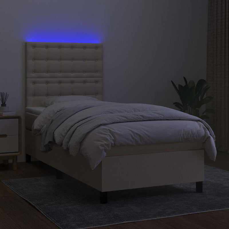 Pat cu arcuri, saltea și LED, crem, 100x200 cm, textil