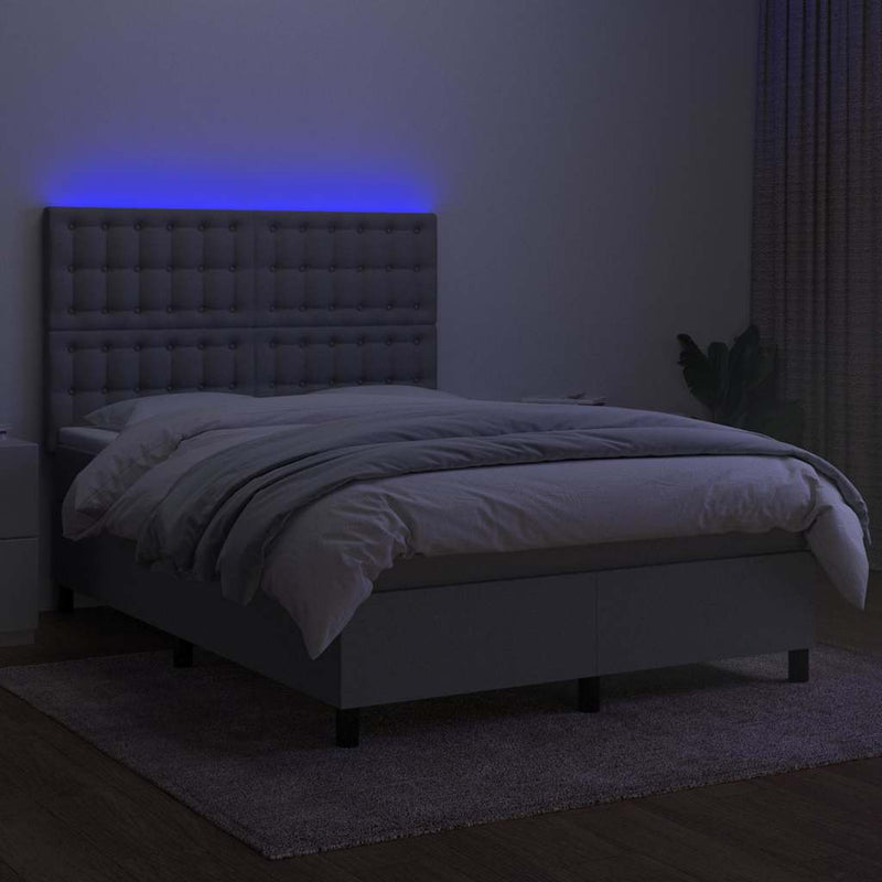 Pat cu arcuri, saltea și LED, gri deschis, 140x190 cm, textil