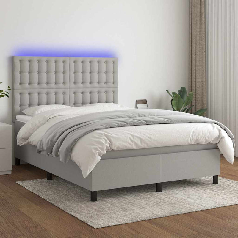 Pat cu arcuri, saltea și LED, gri deschis, 140x190 cm, textil
