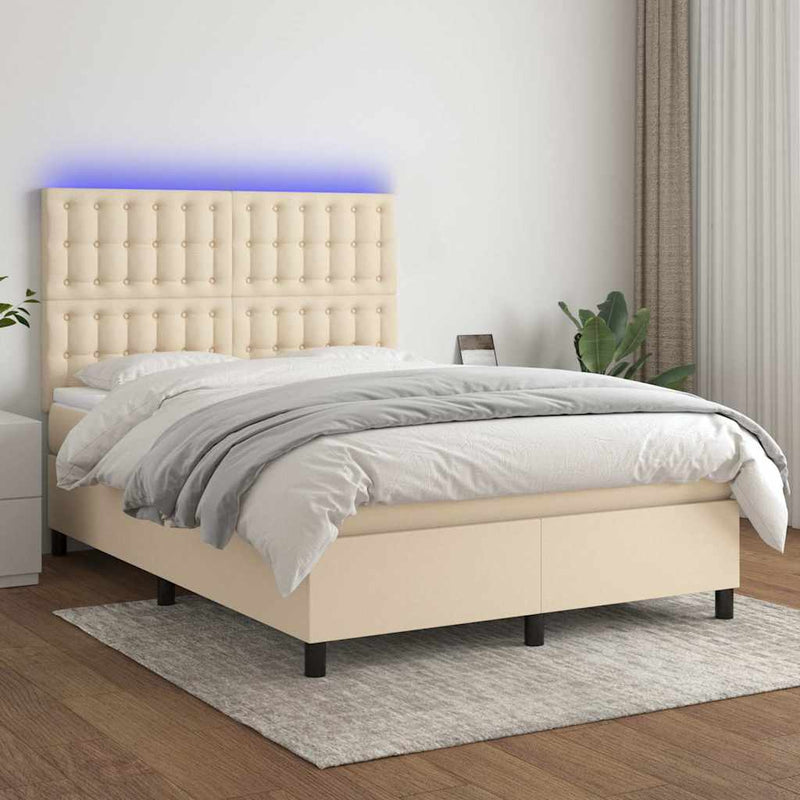 Pat cu arcuri, saltea și LED, crem, 140x190 cm, textil