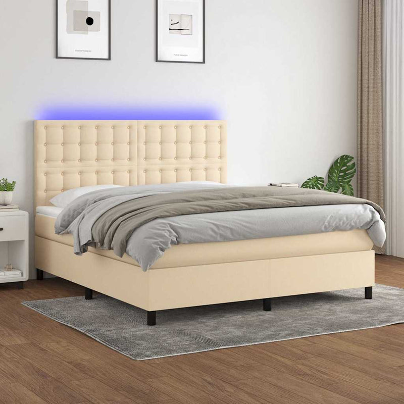 Pat cu arcuri, saltea și LED, crem, 180x200 cm, textil