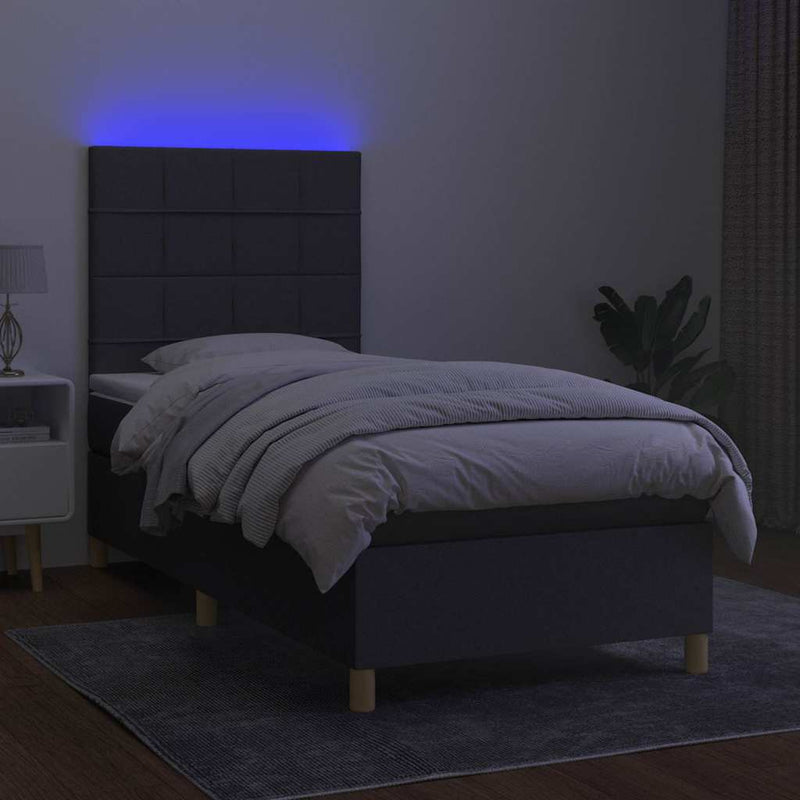 Pat cu arcuri, saltea și LED, gri închis, 90x190 cm, textil
