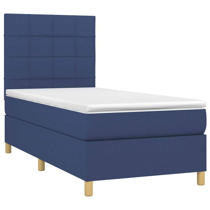 Pat cu arcuri, saltea și LED, albastru, 90x190 cm, textil