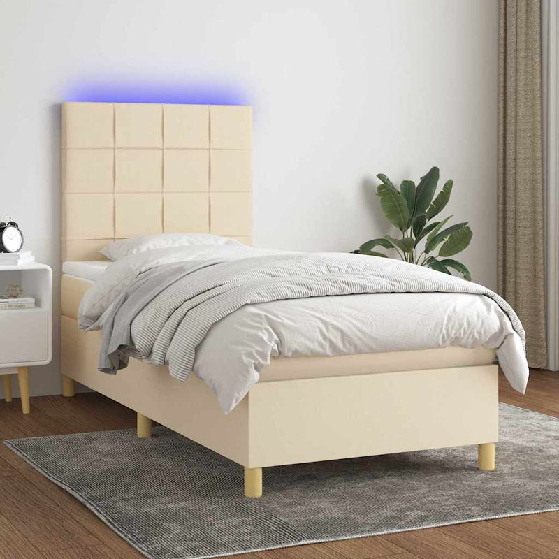 Pat cu arcuri, saltea și LED, crem, 90x200 cm, textil