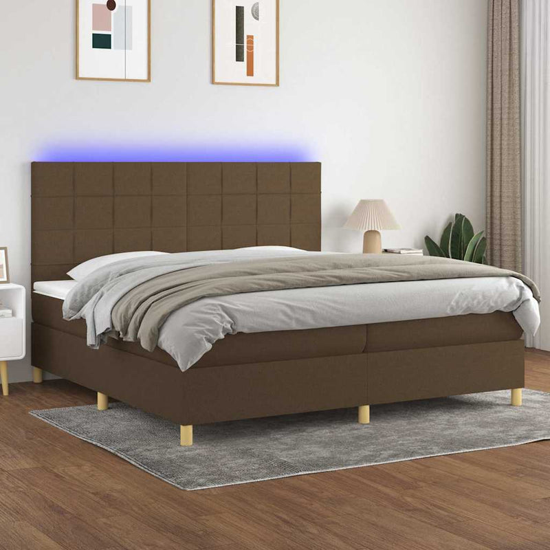 Pat cu arcuri, saltea și LED, maro închis, 200x200 cm, textil