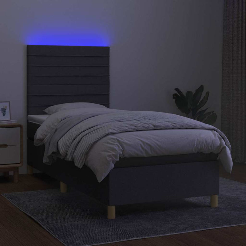 Pat cu arcuri, saltea și LED, gri închis, 90x190 cm, textil