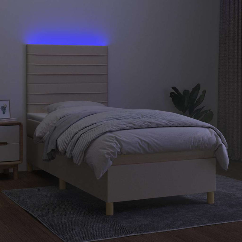 Pat cu arcuri, saltea și LED, crem, 90x190 cm, textil