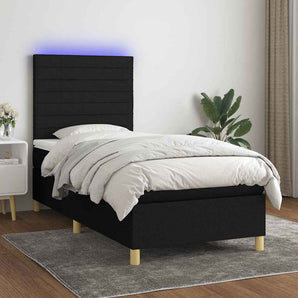 Pat cu arcuri, saltea și LED, negru, 90x200 cm, textil