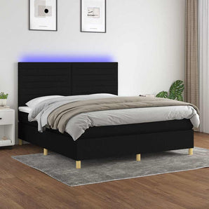 Pat cu arcuri, saltea și LED, negru, 160x200 cm, textil