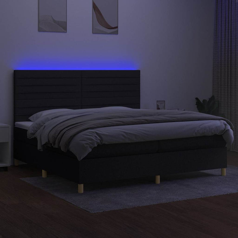 Pat cu arcuri, saltea și LED, negru, 200x200 cm, textil