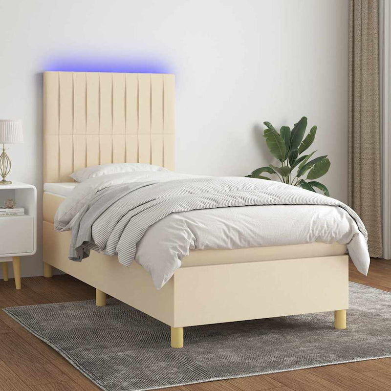 Pat cu arcuri, saltea și LED, crem, 90x200 cm, textil