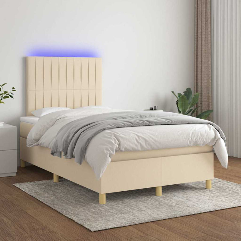 Pat cu arcuri, saltea și LED, crem, 120x200 cm, textil