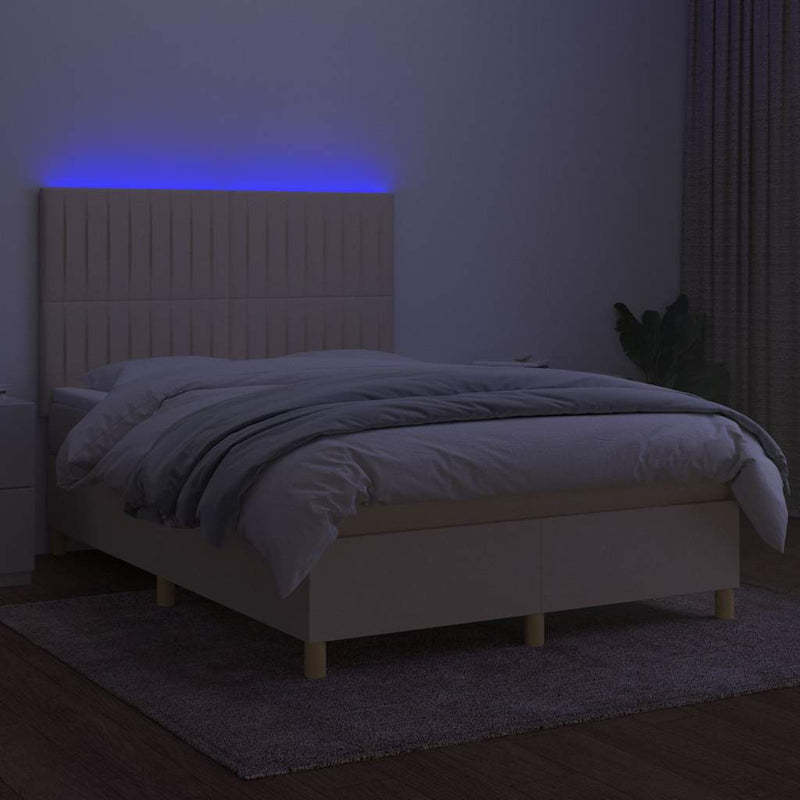Pat cu arcuri, saltea și LED, crem, 140x200 cm, textil