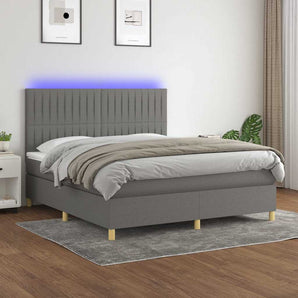 Pat cu arcuri, saltea și LED, gri închis, 160x200 cm, textil