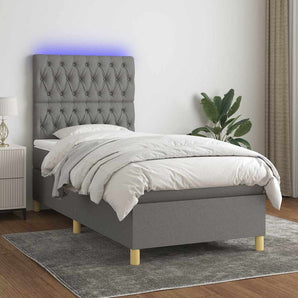 Pat cu arcuri, saltea și LED, gri închis, 80x200 cm, textil
