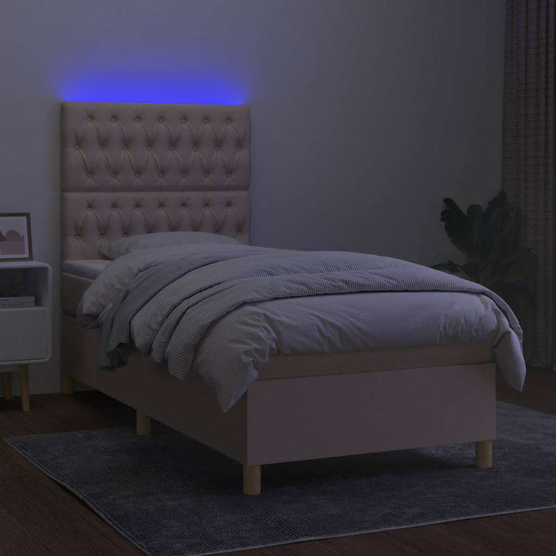 Pat cu arcuri, saltea și LED, crem, 90x200 cm, textil