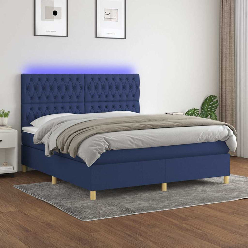 Pat cu arcuri, saltea și LED, albastru, 180x200 cm, textil