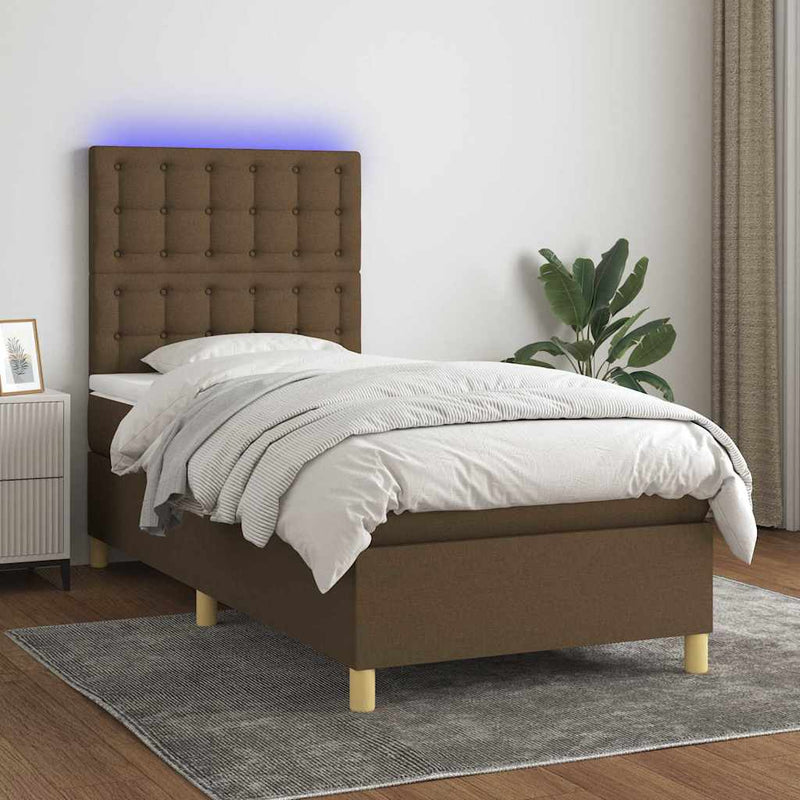 Pat cu arcuri, saltea și LED, maro închis, 80x200 cm, textil