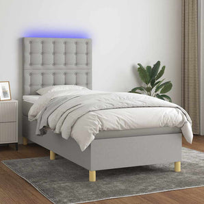 Pat cu arcuri, saltea și LED, gri deschis, 90x190 cm, textil