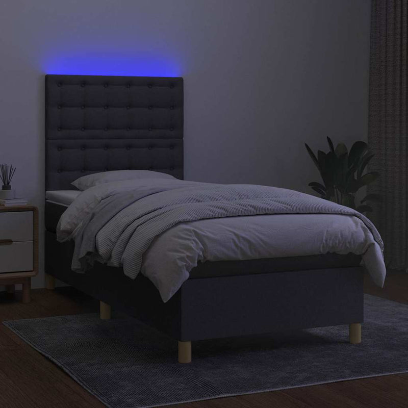 Pat cu arcuri, saltea și LED, gri închis, 90x190 cm, textil