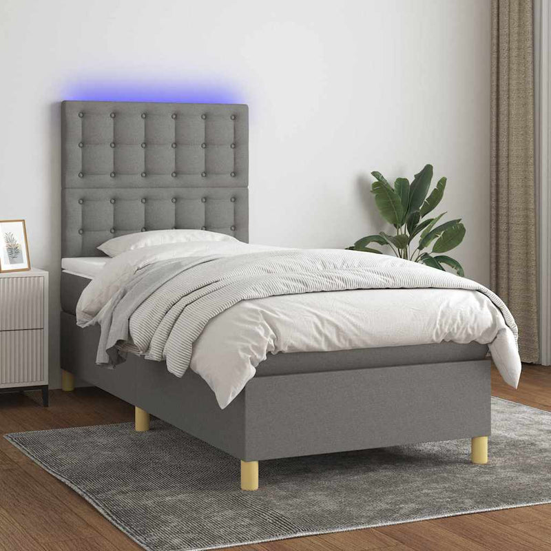 Pat cu arcuri, saltea și LED, gri închis, 90x190 cm, textil