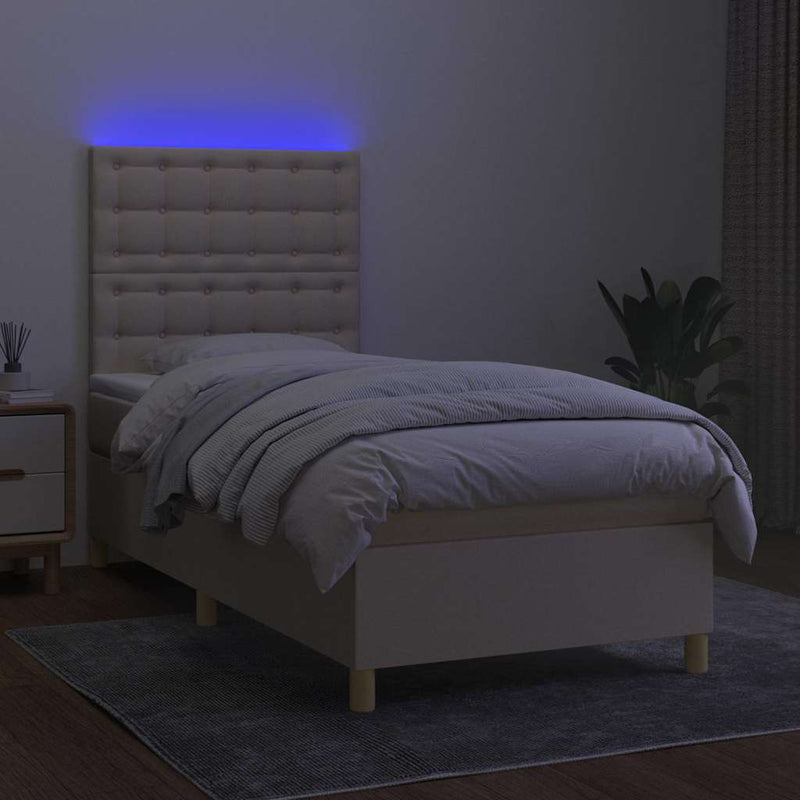 Pat cu arcuri, saltea și LED, crem, 90x200 cm, textil