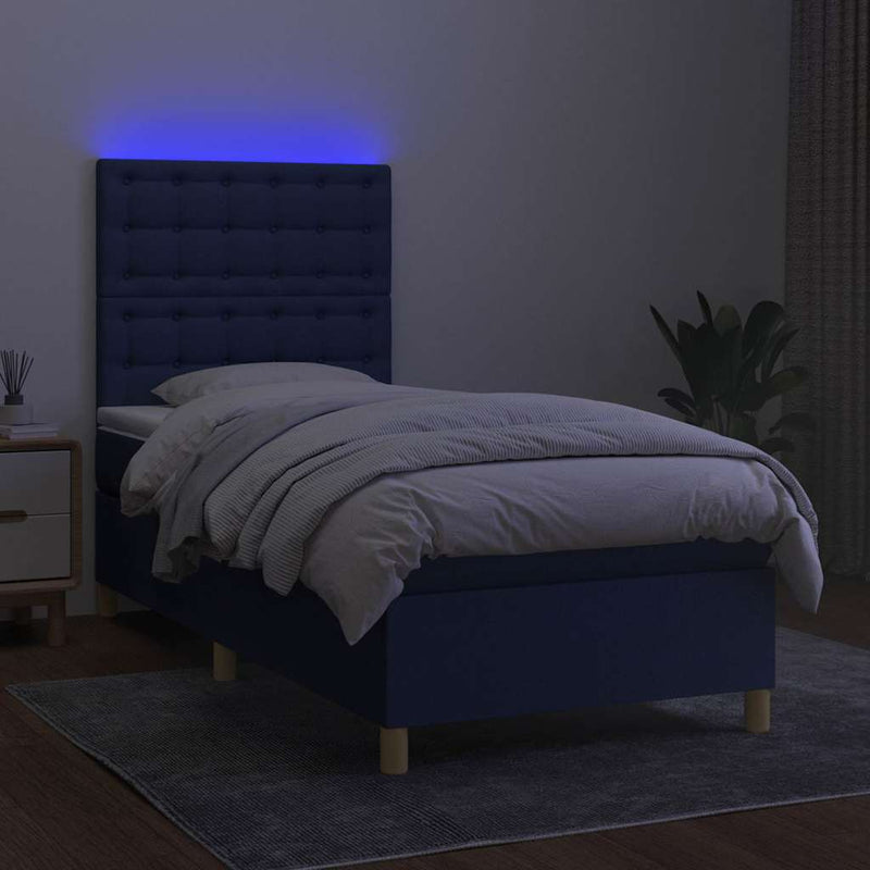 Pat cu arcuri, saltea și LED, albastru, 90x200 cm, textil