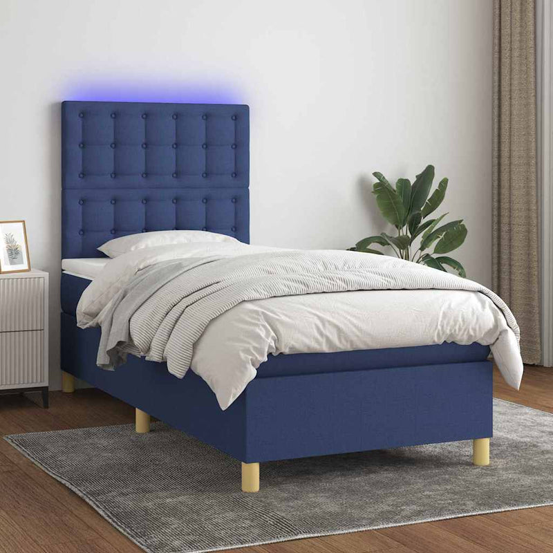 Pat cu arcuri, saltea și LED, albastru, 90x200 cm, textil